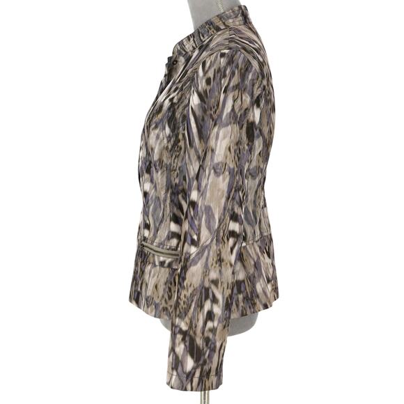 Chicos Jacket 1 Womens Medium 8 Blue Beige Nylon Blazer Ruffle Neck Career - Picture 5 of 15